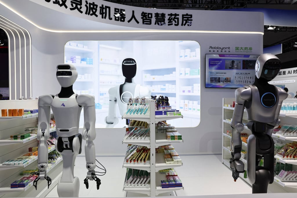 Humanoid robots are displayed at the Ant Group booth at WAIC on July 17. Photo: Reuters Humanoid robots are displayed at the Ant Group booth at WAIC on July 17. Photo: Reuters