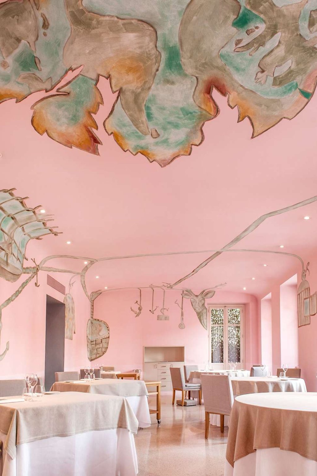 A fresco painted by Neapolitan artist Francesco Clemente in one of the rooms in Enrico Crippa’s Piazza Duomo restaurant, in Alba, Italy. A fresco painted by Neapolitan artist Francesco Clemente in one of the rooms in Enrico Crippa’s Piazza Duomo restaurant, in Alba, Italy.