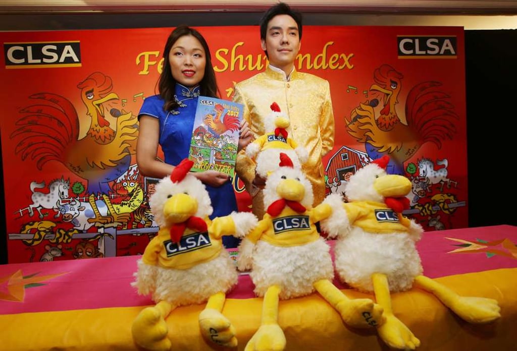 Hong Kong-based brokerage firm CLSA shares its market tips for the Year of the Rooster. It’s the company’s 23rd Feng Shui Index, a tongue-in-cheek play on the influences of the Chinese zodiac on Hong Kong stocks. Photo: David Wong
