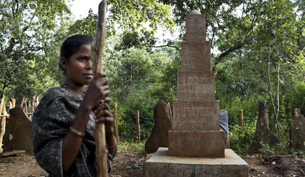A memorial to women allegedly raped and killed by security forces lies six hours’ walk into the jungle in the district of Bastar. It says ‘The martyrdom will not be in vain’ and ‘Long live the people’s guerilla army’. File photo