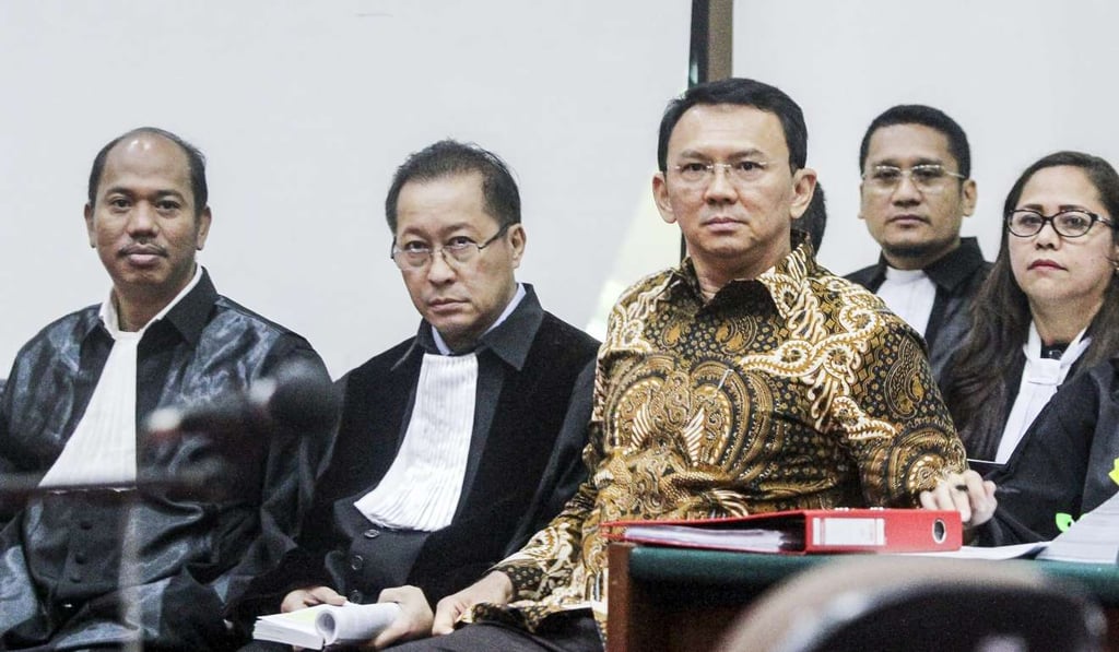 Jakarta Governor Basuki Tjahaja Purnama, popularly known as “Ahok”, sits during his trial. Photo: EPA Jakarta Governor Basuki Tjahaja Purnama, popularly known as “Ahok”, sits during his trial. Photo: EPA