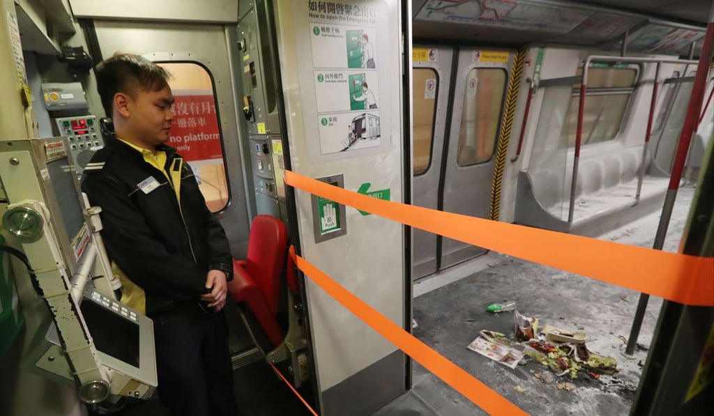 The MTR carriage in the wake of the firebombing. Photo: Edward Wong The MTR carriage in the wake of the firebombing. Photo: Edward Wong