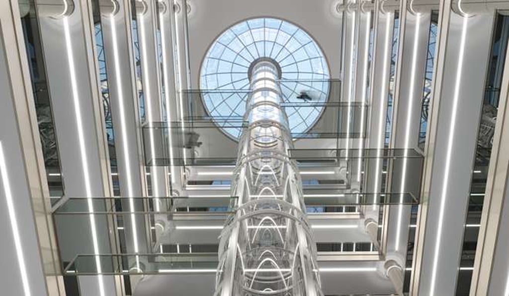 Upon entering the glass tube-like elevator cabinet, visitors need to enter the information in the search engine to lead the lift to the corresponding floor Upon entering the glass tube-like elevator cabinet, visitors need to enter the information in the search engine to lead the lift to the corresponding floor
