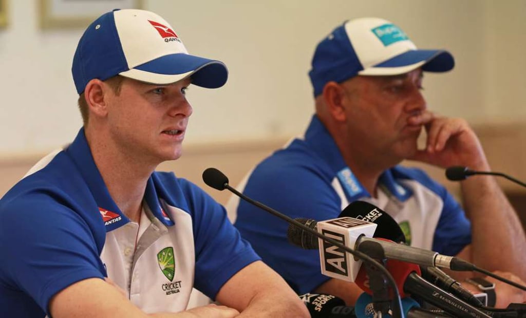Smith and head coach Darren Lehmann at a news conference in Mumbai. Photo: AP