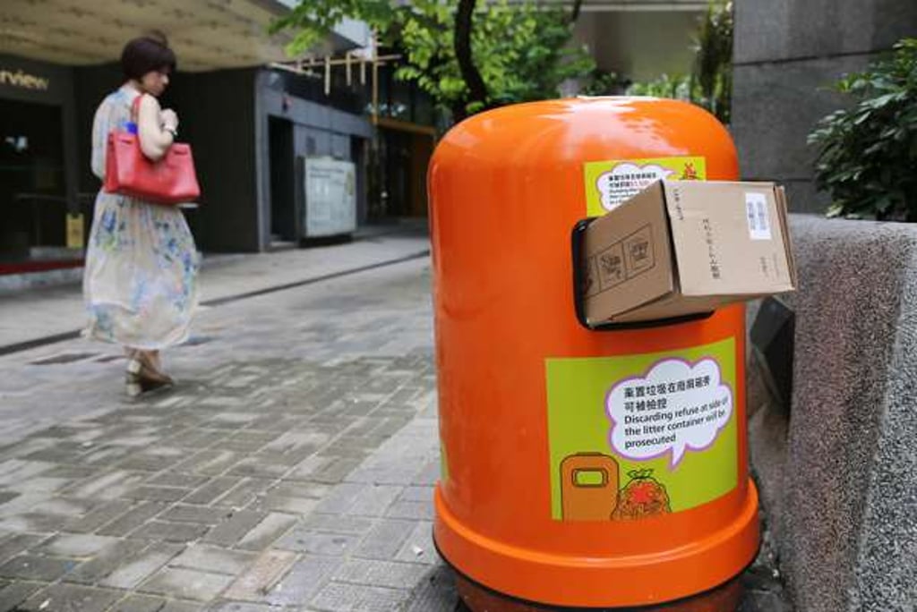One of Hong Kong’s newly introduced rubbish bins with smaller openings, in Wan Chai last June. Photo: Sam Tsang