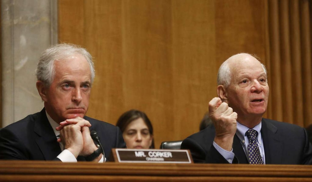 Senator Bob Corker (R-TN) (L), listens as Senator Benjamin Cardin (D-MD) speaks at a Senate Foreign Relations Committee hearing. Corder has said it is time for Congress to launch a deeper probe on contacts between Trump’s allies and Russia. Photo: AFP