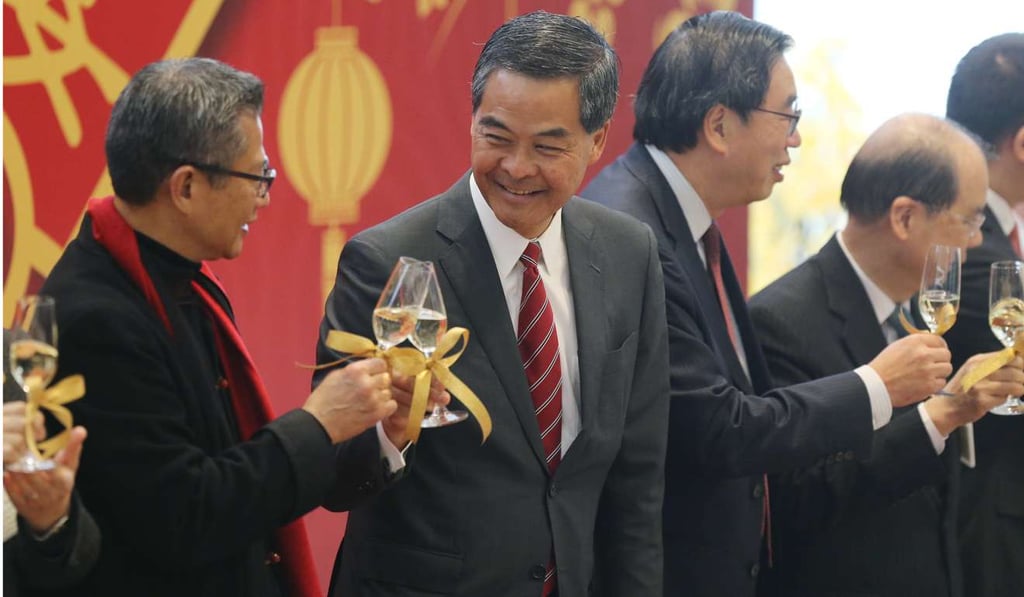 From the left, Financial Secretary Paul Chan, Chief Executive Leung Chun-ying, Legislative Council president Andrew Leung and Chief Secretary Matthew Cheung attend Legco’s spring luncheon last week. The government must ensure different groups take part in making and implementing policies. Photo: Sam Tsang