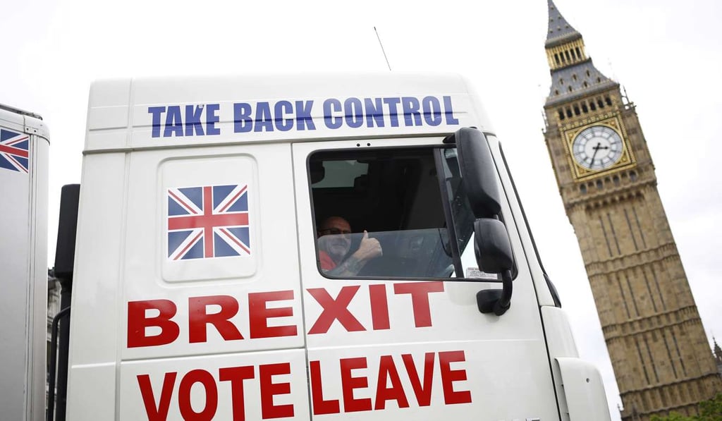 A truck is driven by a “Leave” supporter through Parliament Square in London, two days before Britain’s EU referendum, last June 21. Photo: Reuters