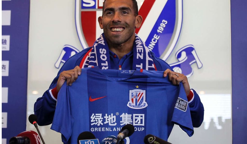 Carlos Tevez shows off the logo of Shanghai Shenhua’s owner Greenland Group, basically unknown to most outside China. Photo: AFP