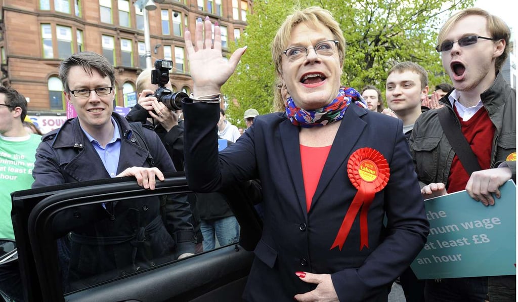 Eddie Izzard (centre) campaigns for Labour, in Glasgow, ahead of Britain’s 2015 general election. Picture: AFP