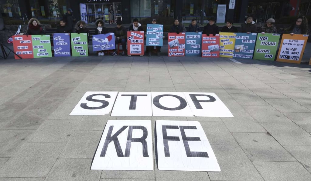 South Korean protesters stage a rally this week outside the US embassy in Seoul, to oppose a plan to deploy the THAAD anti-missile system in South Korea and upcoming joint military exercises, dubbed Key Resolve and Foal Eagle, between the US and South Korea. Photo: AP South Korean protesters stage a rally this week outside the US embassy in Seoul, to oppose a plan to deploy the THAAD anti-missile system in South Korea and upcoming joint military exercises, dubbed Key Resolve and Foal Eagle, between the US and South Korea. Photo: AP