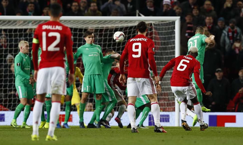 Manchester United’s Paul Pogba shoots wide from a free-kick. Photo: Reuters