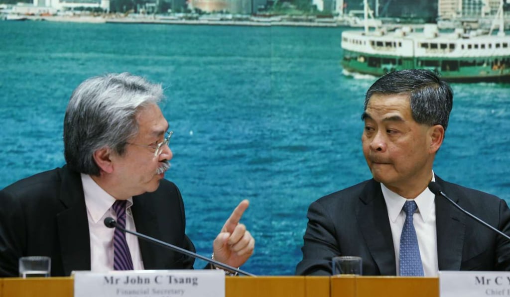 Then financial secretary John Tsang and Chief Executive Leung Chun-ying meet the media in Tamar to announce that stamp duty on property transactions will be raised to 15 per cent for non-first-time individual and corporate buyers, last November 4. Photo: Edward Wong