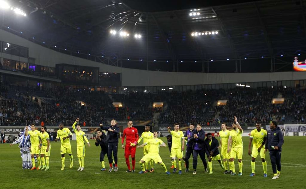 Gent celebrate their win over Tottenham Hotspur. Photo: Reuters