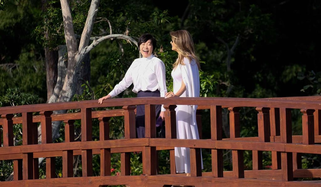 Akie Abe, wife of Japanese Prime Minister Shinzo Abe, with US First Lady Melania Trump at the Morikami Museum and Japanese Gardens in Delray Beach, Florida. Photo: AFP