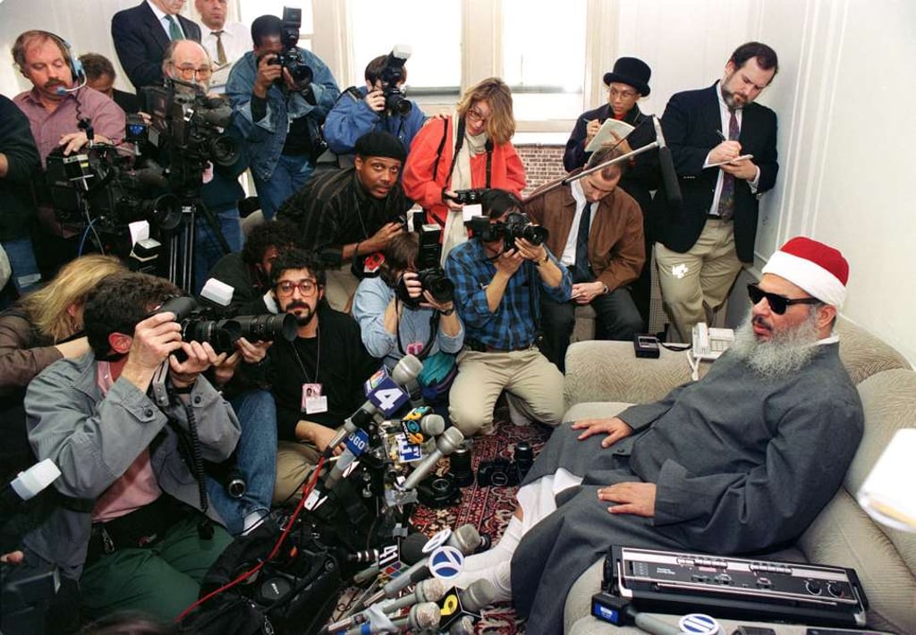 An April, 1993 photo of sheikh Omar Abdel Rahman facing photographers and reporters during a news conference in Jersey City. Photo: AFP