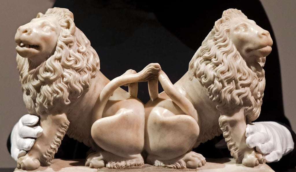 Another look at the two carved marble lions, by French artist Andre Beauneveu, commissioned by French King Charles V. Photo: AFP Another look at the two carved marble lions, by French artist Andre Beauneveu, commissioned by French King Charles V. Photo: AFP