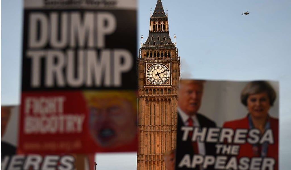 Protesters demonstrate against the proposed State visit to the UK of US President Donald Trump, in London, on Monday. Photo: EPA Protesters demonstrate against the proposed State visit to the UK of US President Donald Trump, in London, on Monday. Photo: EPA