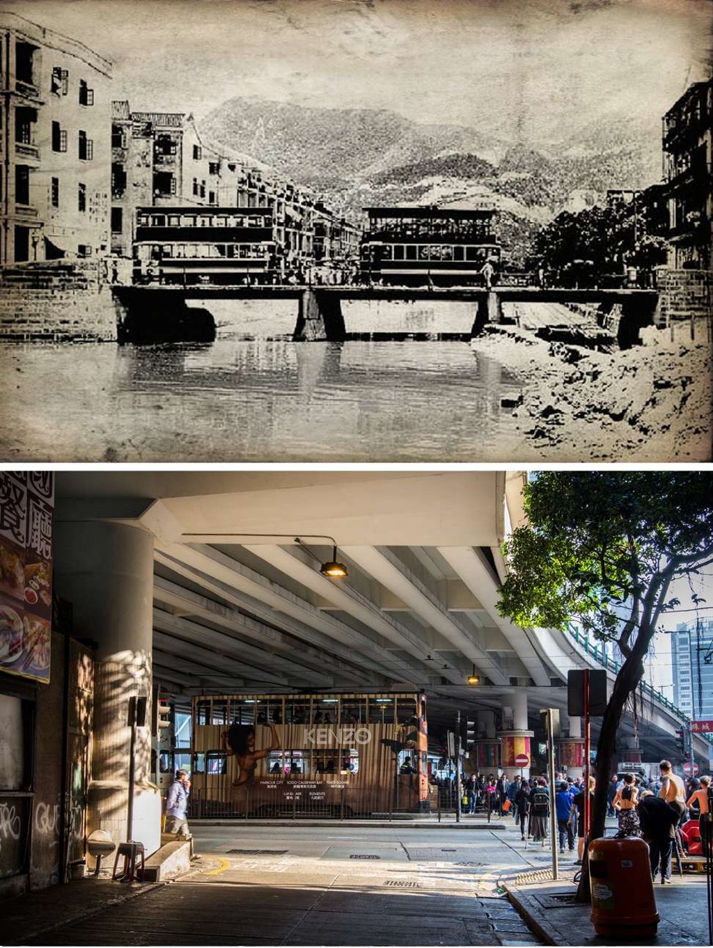 Bowrington Canal, now called Canal Road, in 1920 (top) and as it is now. The canal was the boundary between Wan Chai and East Point, as Causeway Bay was originally known. Photos: SCMP; Christopher DeWolf