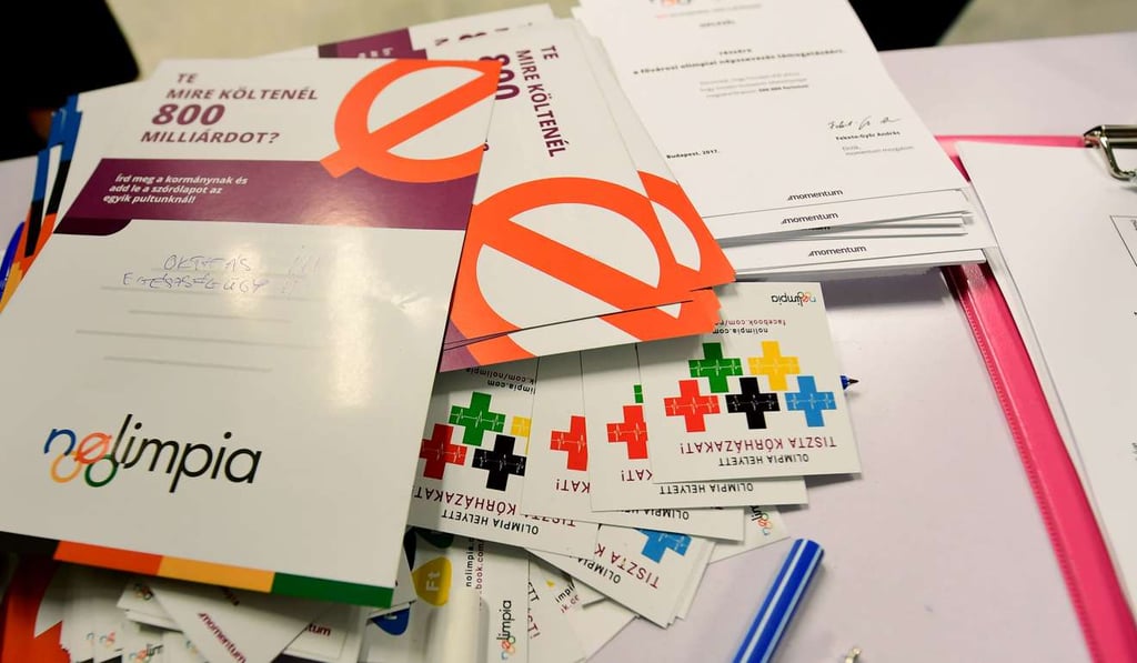 This file photo taken on January 20, 2017 shows flyers and stickers of the Momentum group pictured at Nyugati (Westend) square in Budapest, which became the latest city to drop out of the race to host the 2024 Olympic Games. Photo: AFP