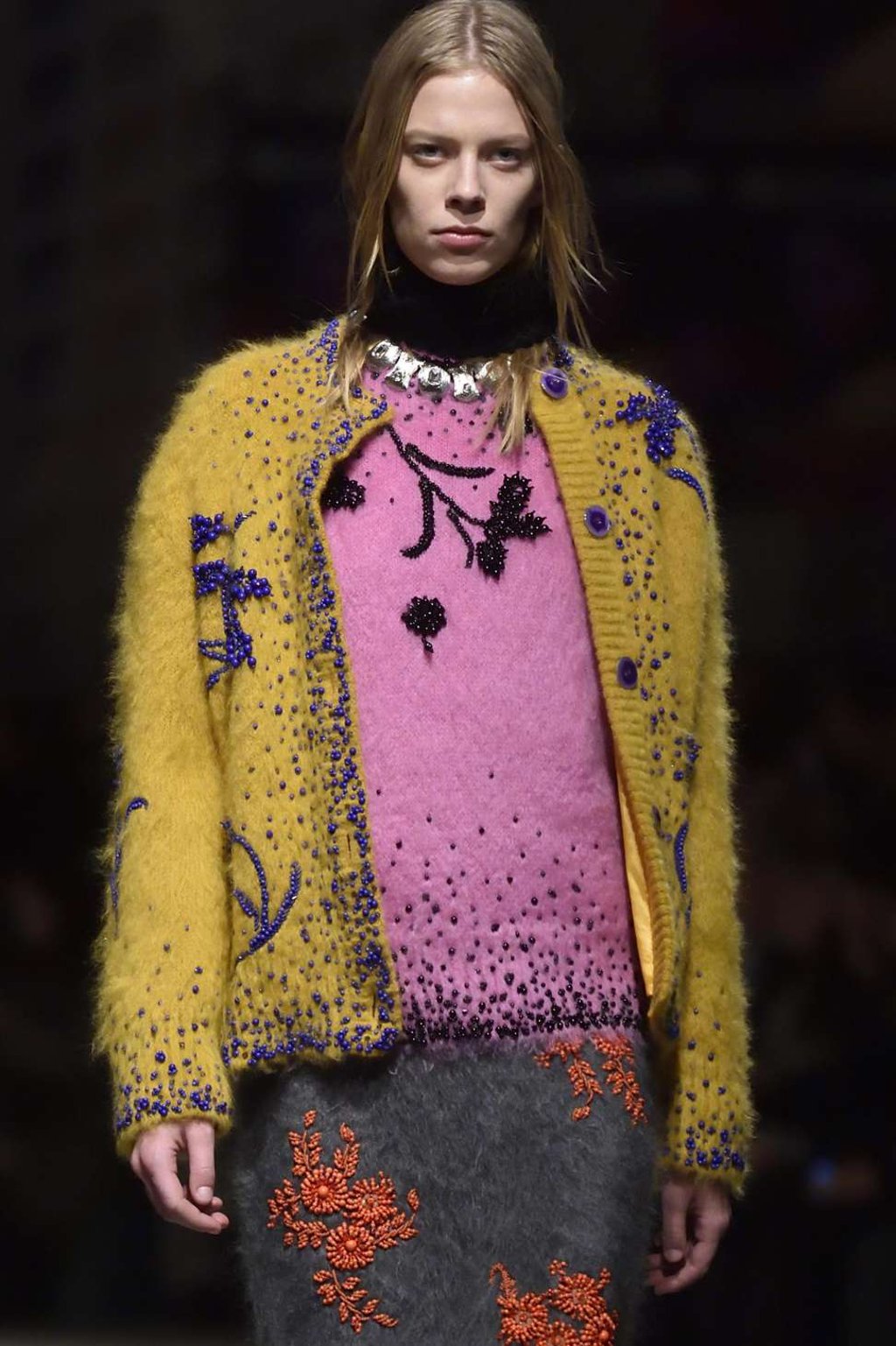 Beading and florals on knitwear at the Miuccia Prada show in Milan. Photo: EPA