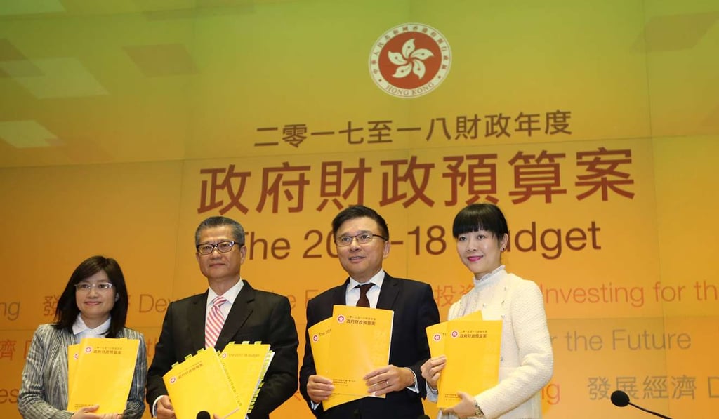 From left: Hong Kong finance officials Elizabeth Tse Man-yee, Paul Chan Mo-po, Ceajer Chan Ka-keung and Helen Chan present the budget. Photo: Xiaomei Chen
