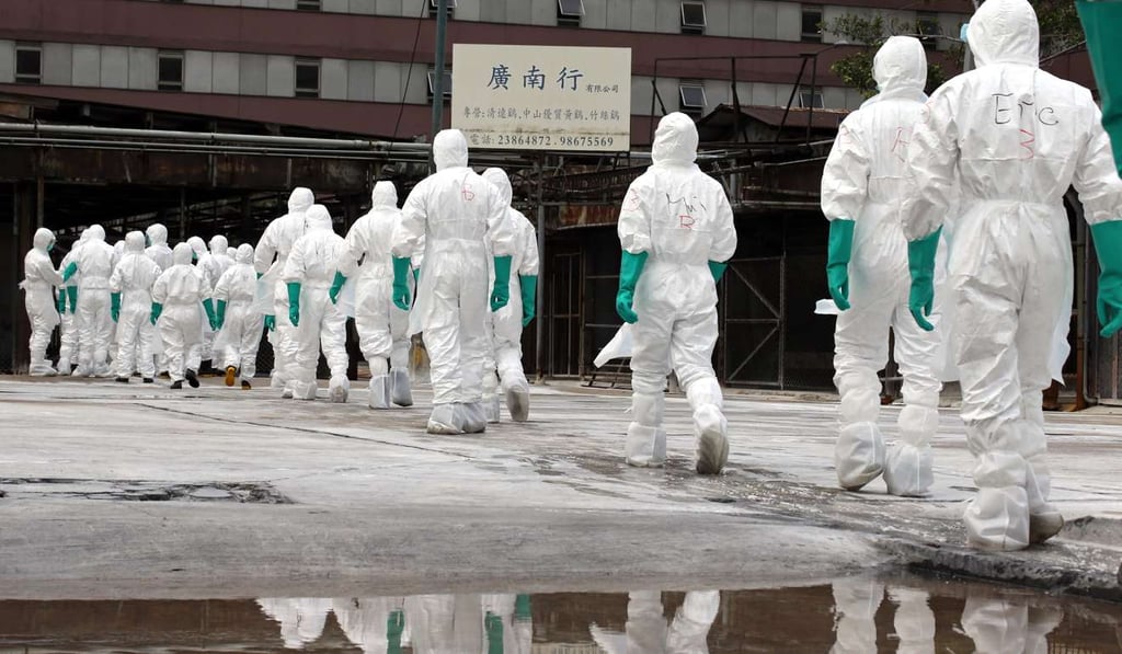 Workers wearing protective clothing arrive to cull chickens at the Cheung Sha Wan wholesale market in Hong Kong last June. Photo: Felix Wong