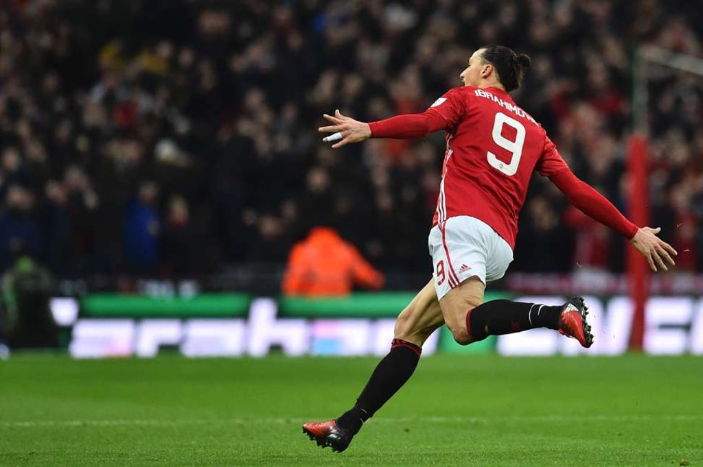 Manchester United striker Zlatan Ibrahimovic celebrates scoring the opening goal. Photo: AFP