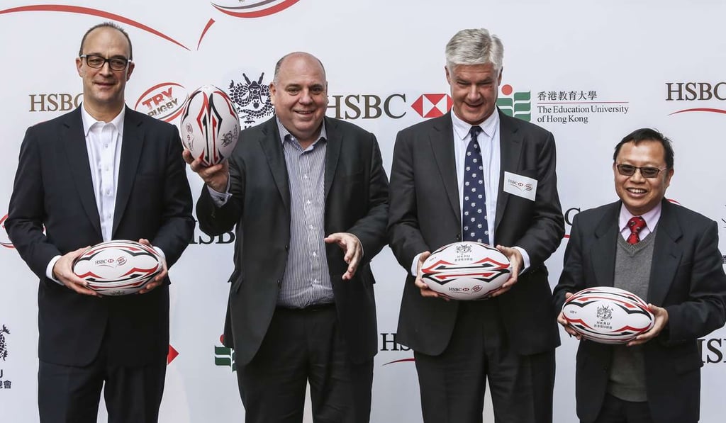 HSBC’s Giles Morgan (left) and Kevin Martin, HKRU chairman Pieter Schats and Daniel Chow from the Education University of Hong Kong at the HSBC Try Rugby launch.