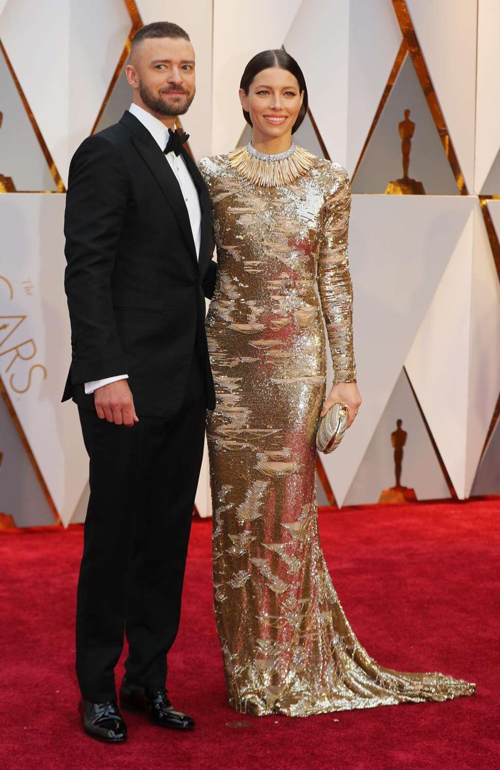 Justin Timberlake wearing Tom Ford and Jessica Biel wearing Kaufman Franco. Photo: REUTERS