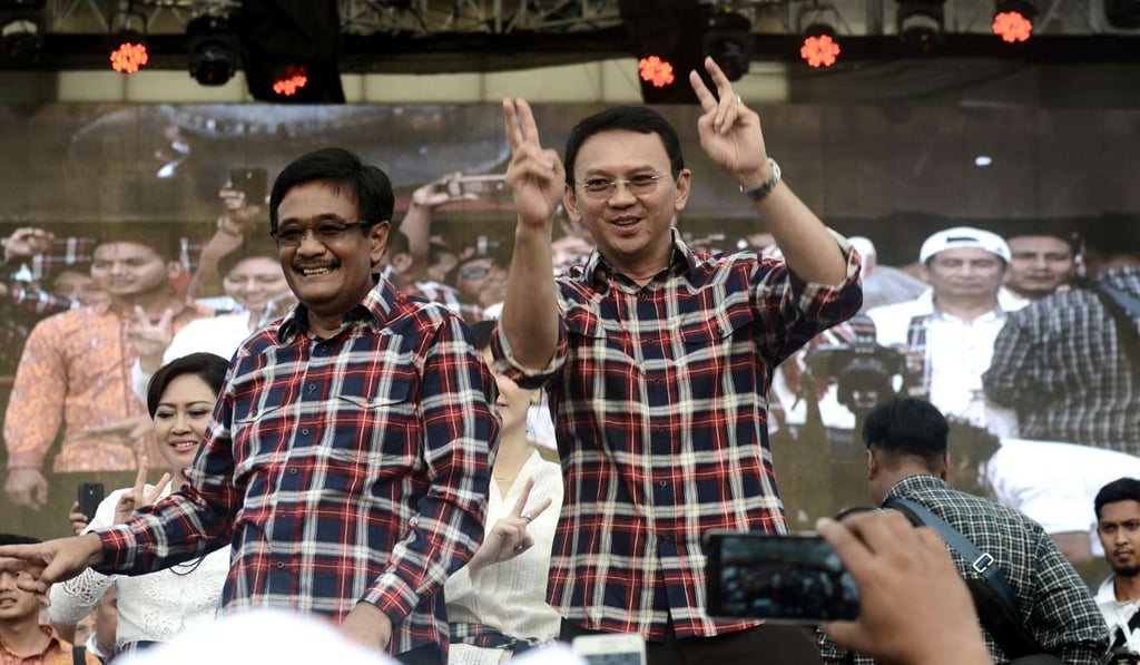 Chinese Christian governor Basuki Tjahaja Purnama, right, and his running mate Djarot Saiful Hidayat, at a campaign rally in Jakarta. Photo: AFP