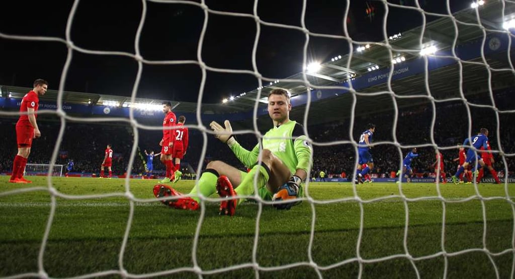 Liverpool’s Simon Mignolet looks dejected after Leicester City’s Jamie Vardy scores their third goal. Photo: Reuters