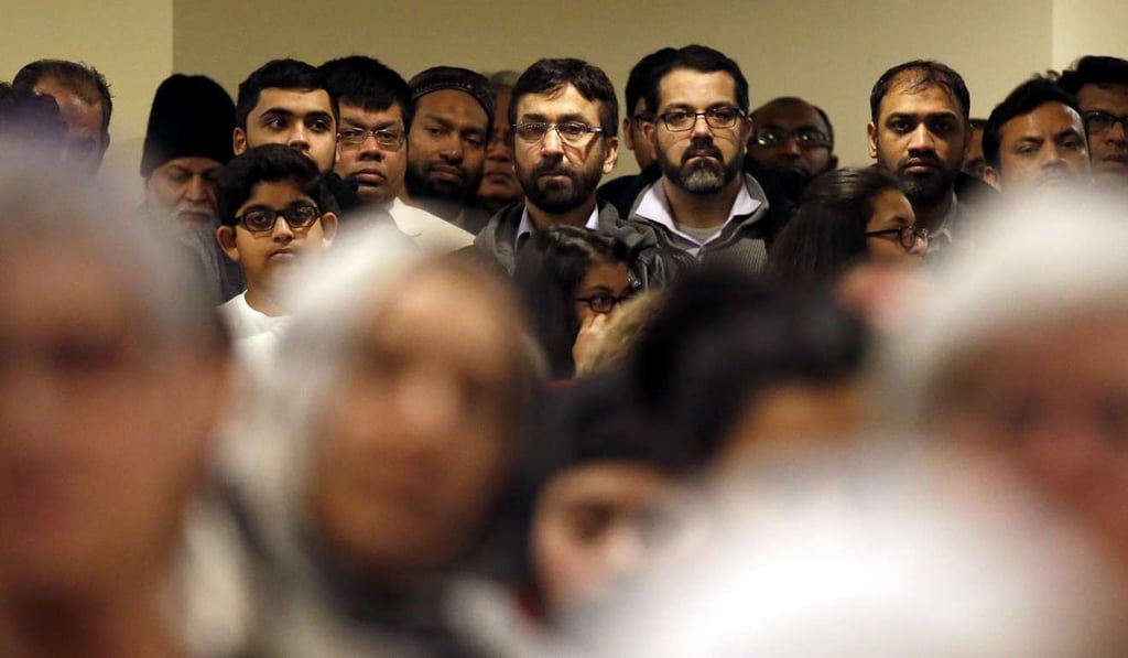 Members of Islamic Foundation listen to Illinois Senator Dick Durbin speak at the foundation in Villa Park on February 5, in a gathering to address Donald Trump’s proposed travel ban. Anti-Muslim groups that agitate for policy changes know that, even if their legal challenge fails, the controversy generates publicity for the cause. Photo: AP Members of Islamic Foundation listen to Illinois Senator Dick Durbin speak at the foundation in Villa Park on February 5, in a gathering to address Donald Trump’s proposed travel ban. Anti-Muslim groups that agitate for policy changes know that, even if their legal challenge fails, the controversy generates publicity for the cause. Photo: AP