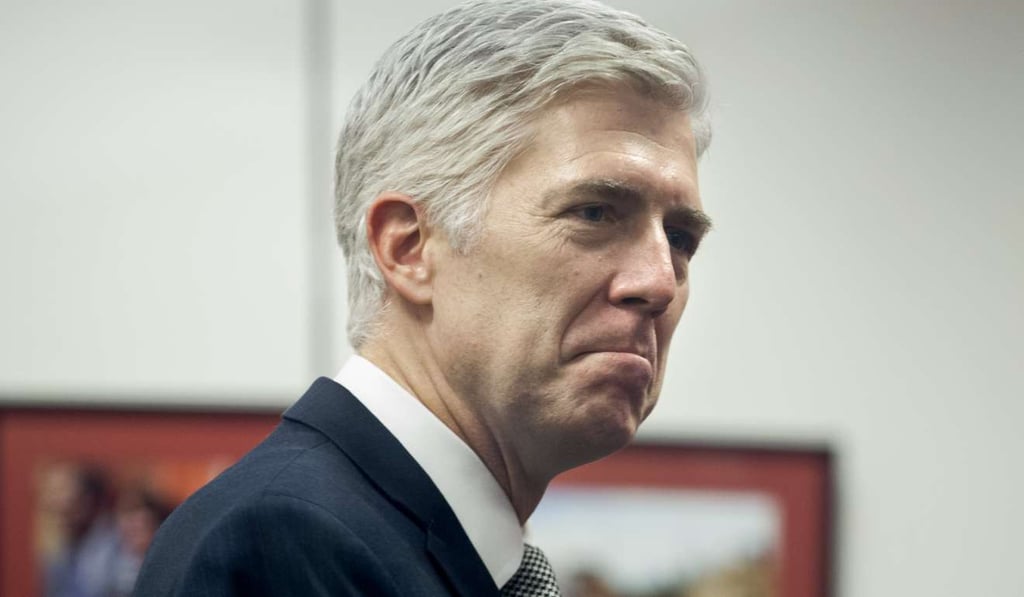 Supreme Court nominee Judge Neil Gorsuch stands in the office of Democratic Senator Amy Klobuchar (not pictured) before their meeting, on Capitol Hill in Washington, DC, last month. Photo: EPA