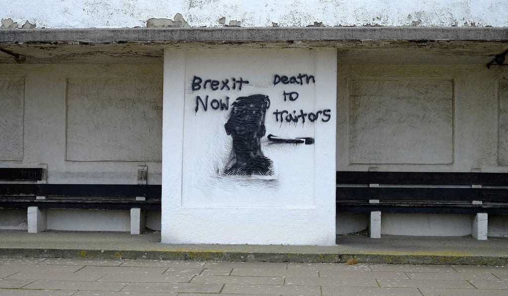 Pro Brexit-graffiti on a beachside shelter in New Brighton, northern England. Gracious language about the peace and security the EU has brought to the continent appears to be lacking. Photo: Reuters