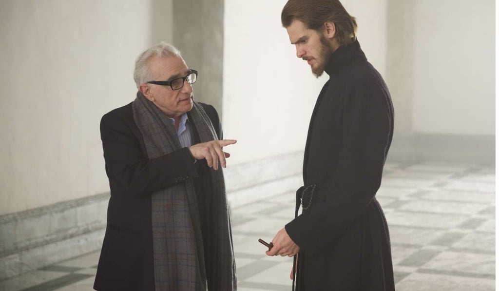 Director Martin Scorsese with protagonist Rodriguez, played by Andrew Garfield, during filming of Silence. Photo: AP