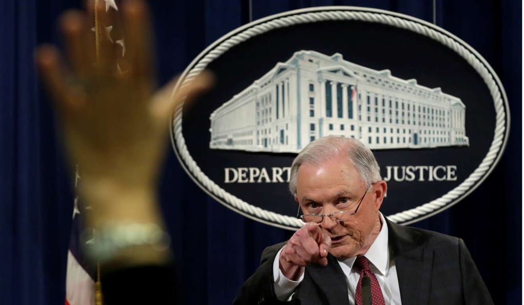 U.S. Attorney General Jeff Sessions speaks at a news conference at the Justice Department in Washington on Thursday. Photo: Reuters