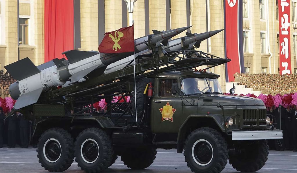 A vehicle loaded with North Korean missiles in Kim Il-sung Square during a mass military parade in Pyongyang. Photo: AP