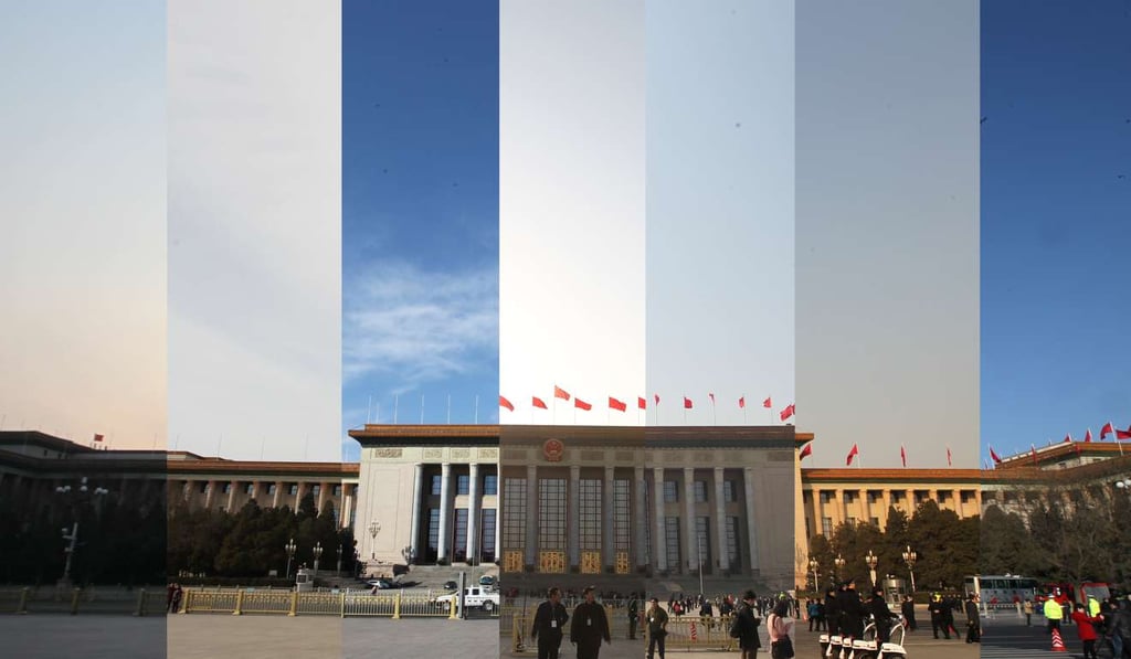 A combination photo shows the weather conditions respectively on (from left) Feb 27, Feb 28, Mar 01, Mar 02, Mar 03, Mar 04, and Mar 05, at the Great Hall of the People in Tiananmen Square. Photo: Simon Song