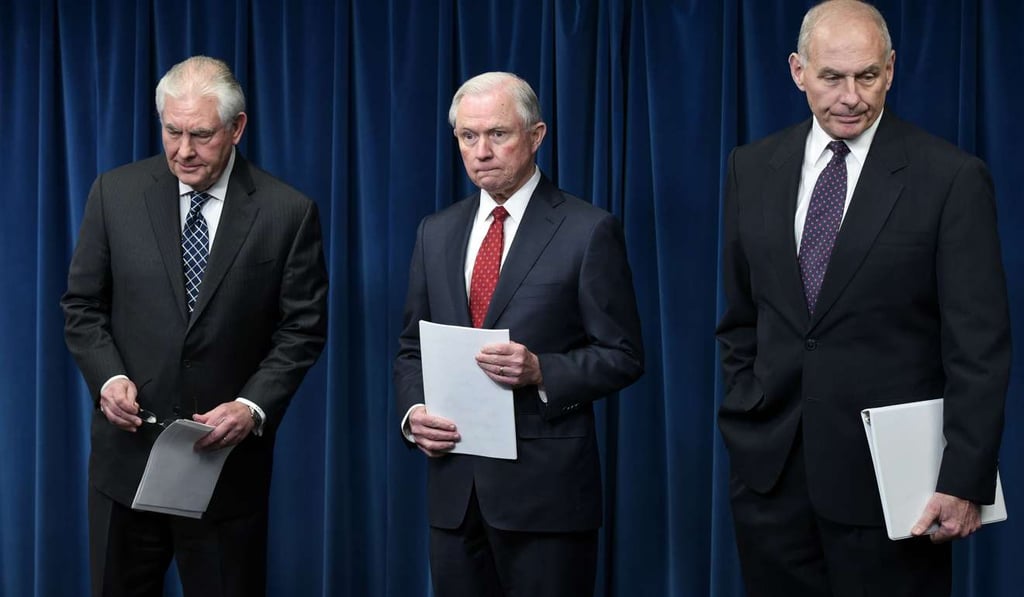 US Secretary of State Rex Tillerson, Attorney General Jeff Sessions, and Homeland Security Secretary John Kelly arrive to deliver remarks on visa travel in Washington on Monday. Photo: AFP US Secretary of State Rex Tillerson, Attorney General Jeff Sessions, and Homeland Security Secretary John Kelly arrive to deliver remarks on visa travel in Washington on Monday. Photo: AFP