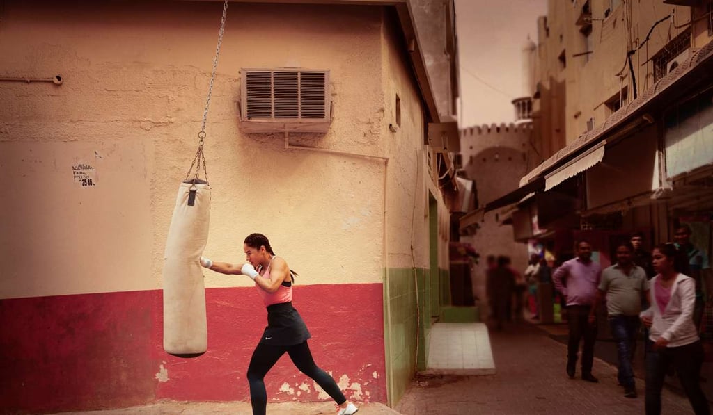 Arifa Bseiso boxes in a scene shot for the Nike Middle East ad campaign filmed in Dubai. Photo: Reuters