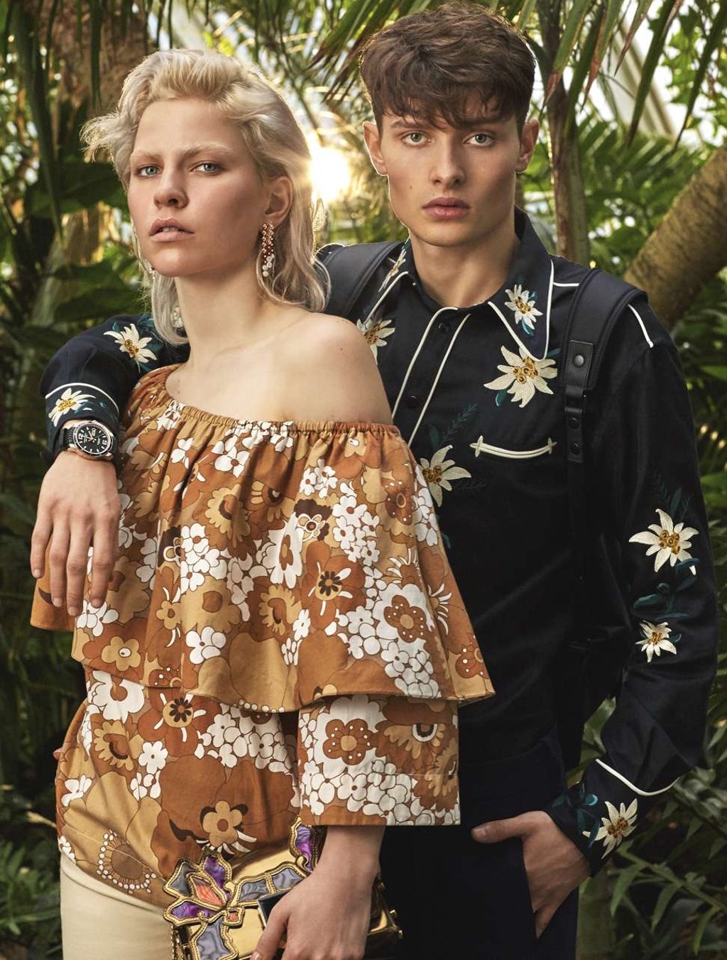 ON HIM: Chopard, watch, HK$40,900; Lanvin from matchesfashion.com, bag, HK$8,483; Bally, shirt, price on request; Marni from matchesfashion.com, trousers, HK$3,711; ON HER: Van Cleef & Arpels, earrings, HK$241,962; Chloe, top, HK$5,370; Gucci, trousers, HK$15,423; Jimmy Choo, bag, price on request