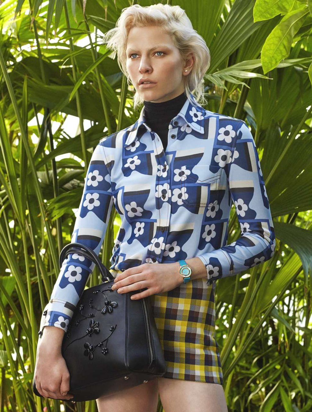 Chopard, watch, HK$68,000; Maria Francesca Pepe, earring, price on request; Prada, top, price on request, shirt, HK$8,250, short, HK$6,850; Simone Rocha, bag, price on request