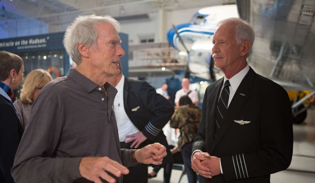 Clint Eastwood and Chesley Sullenberger on the set of Sully. Photo: Warner Brothers/Keith Bernstein