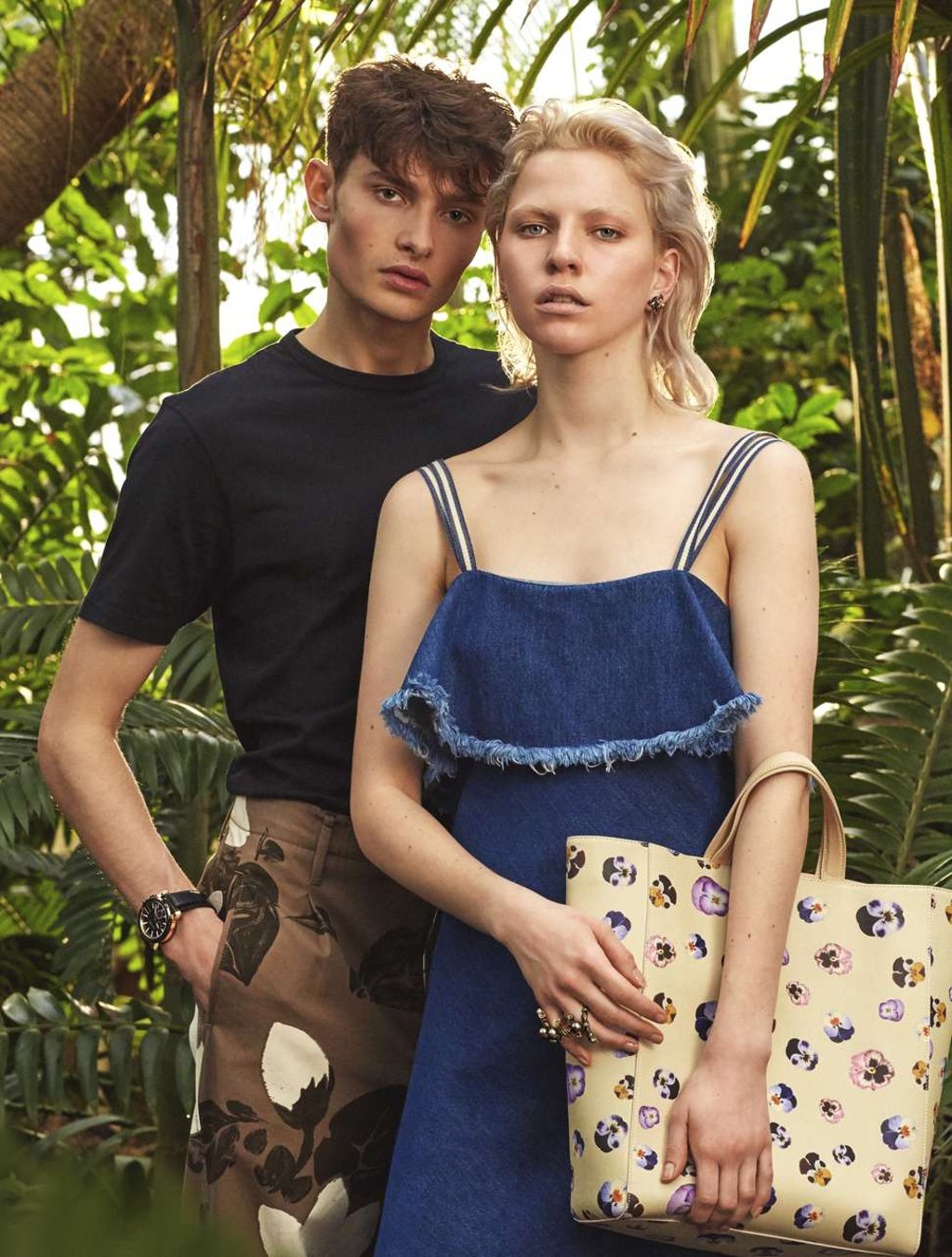 ON HIM: Gucci, watch, HK$4,337; Sunspel from matchesfashion.com, price on request; 3.1 Phillip Lim, trousers, HK$3,065; ON HER: Gaelle Khourri, ring and earrings, price on request; Sportmax from matchesfashion.com, dress, price on request; Christopher Kane, bag, HK$6,699