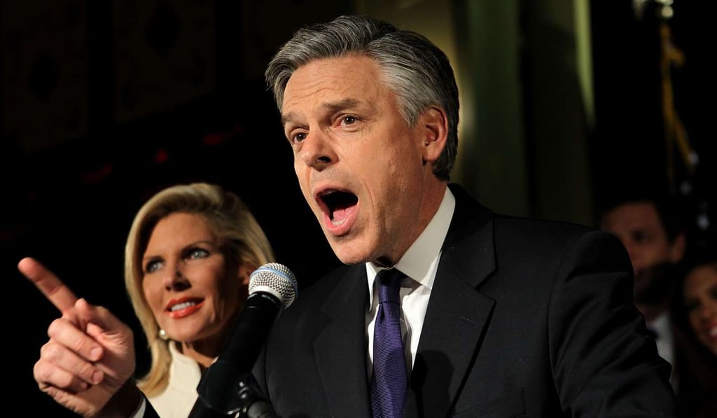 2012 Republican presidential candidate Jon Huntsman speaks to supporters as his wife Mary Kaye looks on during a primary night rally on January 10, 2012 in Manchester, New Hampshire. Photo: AP