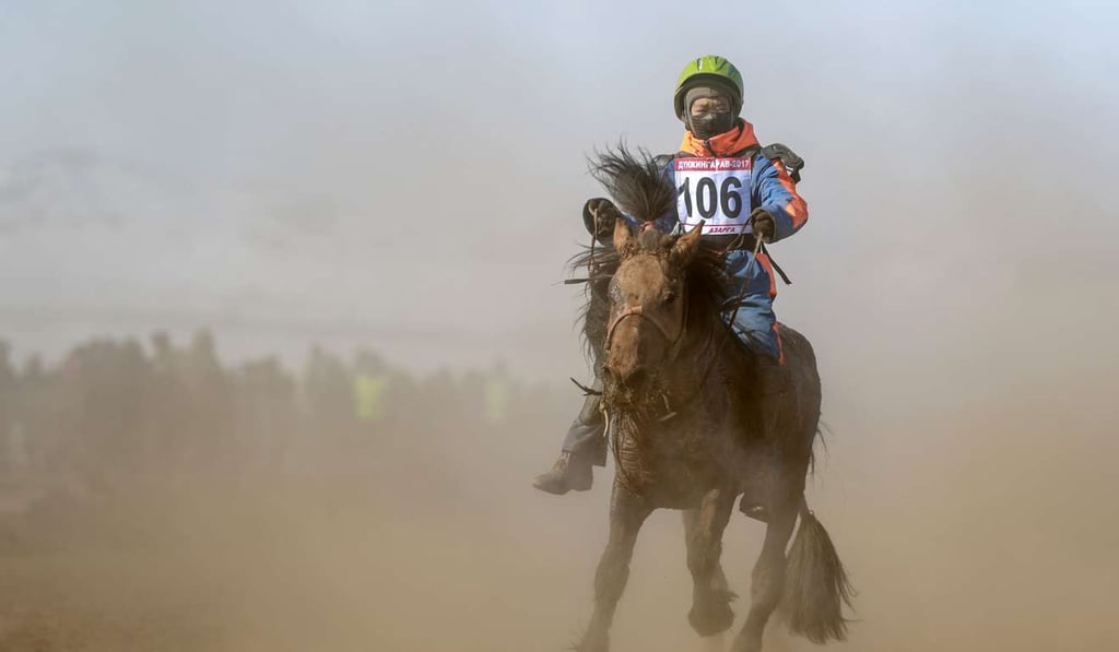 A Mongolian child jockey competing in the Dunjingarav 2017 spring horse race. Photo: AFP