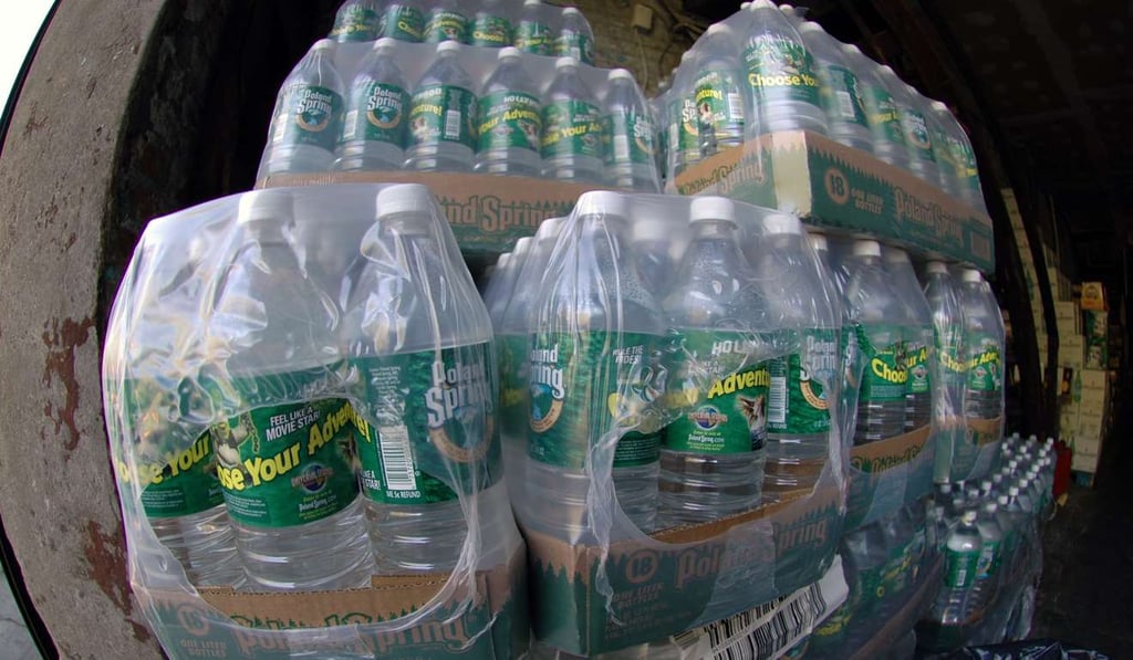 A delivery of bottled water sits on a pallet. Photo: Sipa USA/TNS