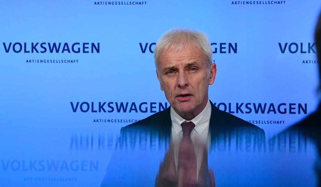 Volkswagen CEO Matthias Mueller addresses the media after a meeting in Wolfsburg on February 24, 2017. German auto giant Volkswagen said it raced back into the black in 2016 as car sales hit an all-time high. Photo: AFP