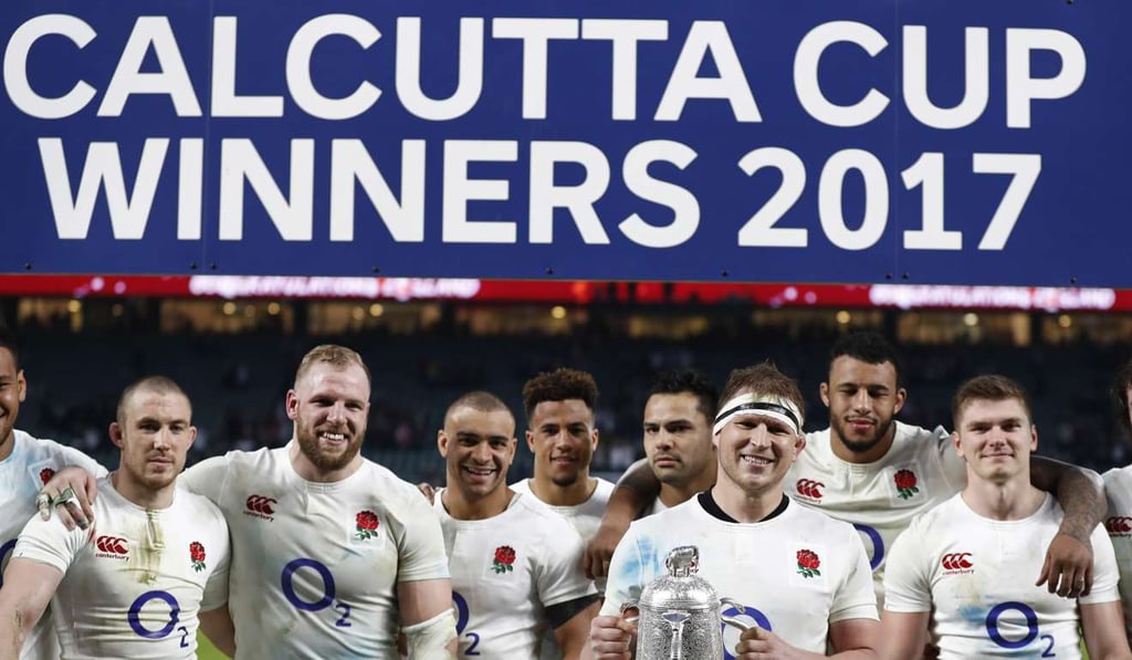 England’s Dylan Hartley and teammates celebrate with the Calcutta Cup. Photo: Reuters